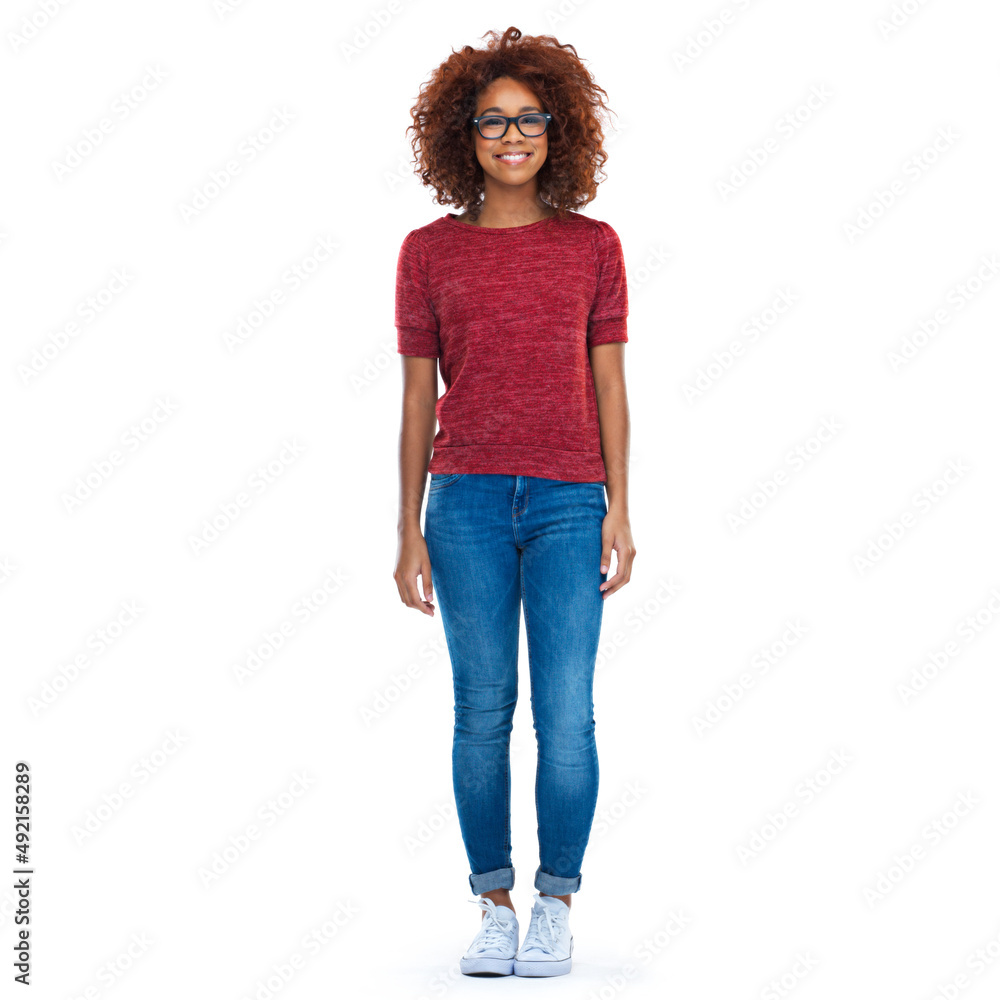 Her style is her own. Full-length studio portrait of a beautiful young woman isolated on white.