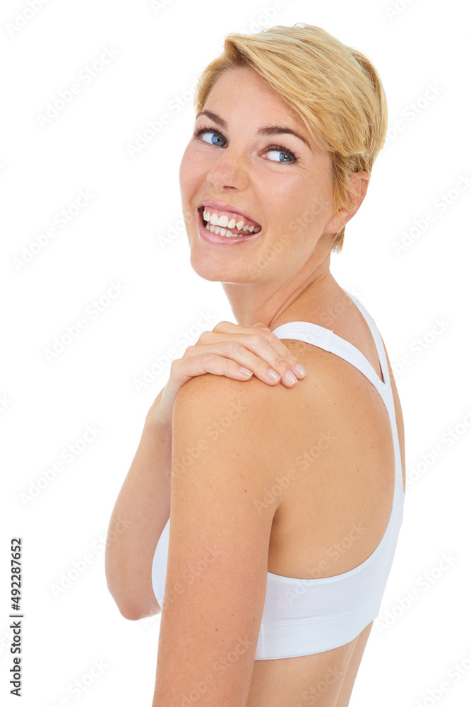 She promotes exercise and healthy eating. Cropped shot of a sporty young woman isolated on white.