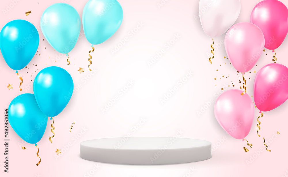 Realistic 3d white pedestal over light pastel natural background with balloons. Trendy empty podium 