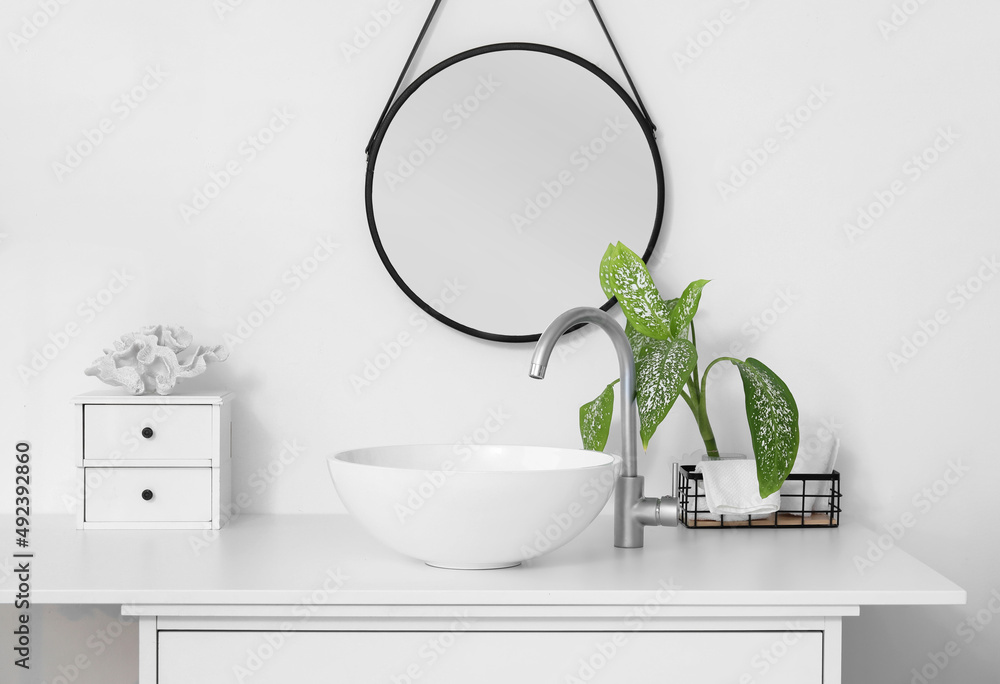 Modern sink with houseplant and drawers near light wall