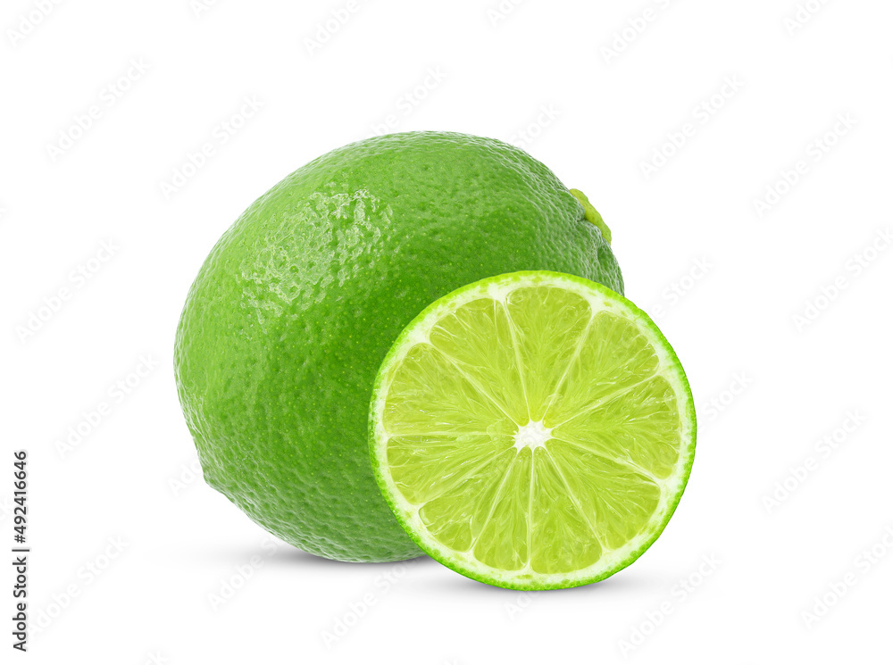 Whole, sliced fresh lime fruit isolated on white background.