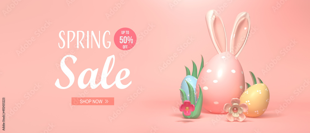 Spring sale message with colorful Easter eggs and rabbit ears