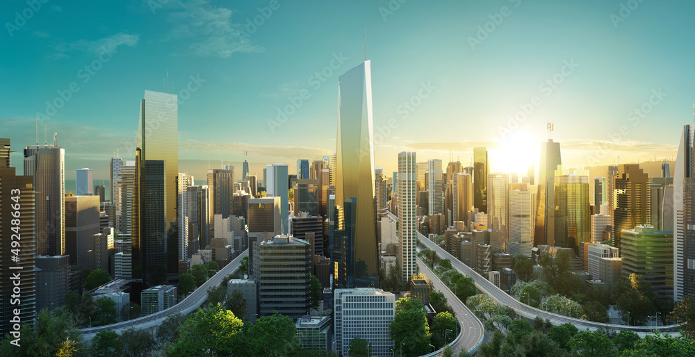 Virtual design green cityscape skyline with curvy highway road