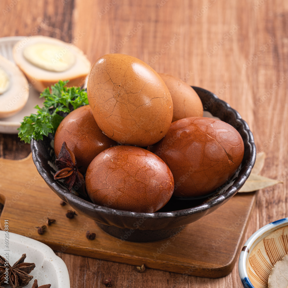 Delicious traditional Taiwanese food tea eggs.