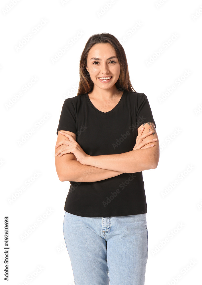 Young woman in blank t-shirt on white background