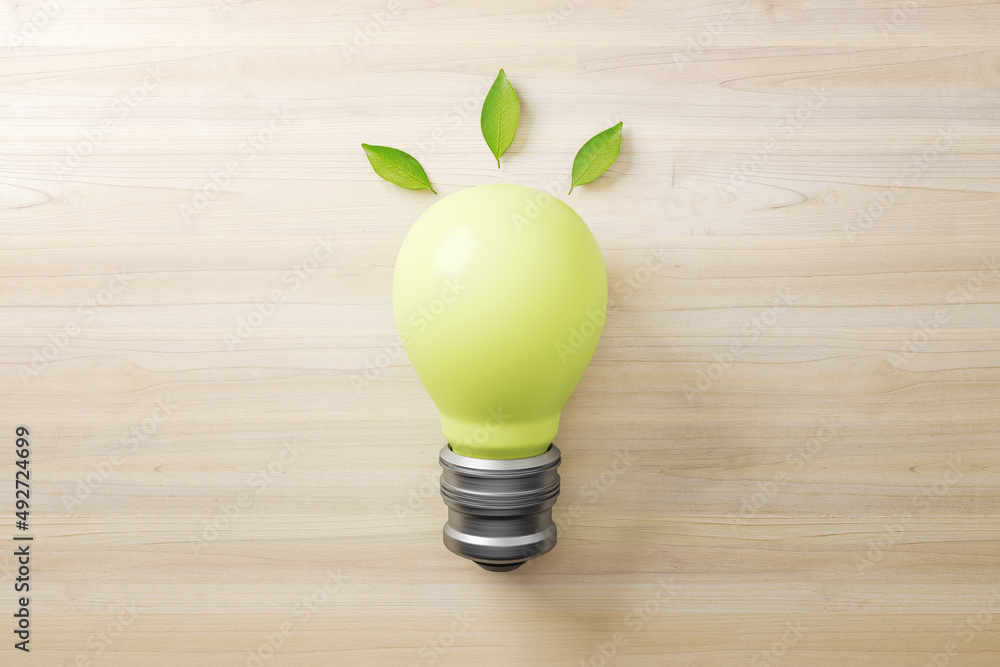 Abstract green lamp on wooden background. Energy and save concept. 3D Rendering.