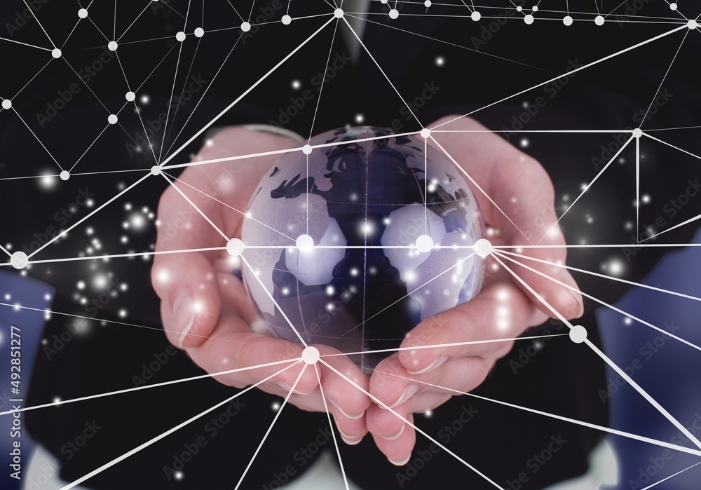 Global business, internet network connection. Businessman hand holding global network, futuristic te