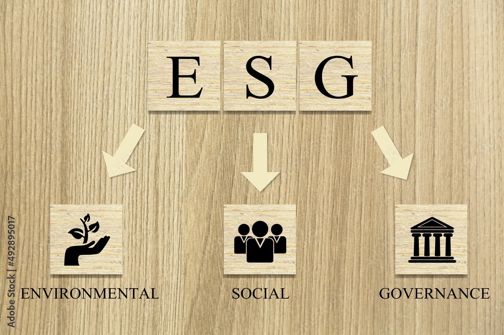 Set of wood cube in ESG icon concept for environmental, social, and governance in sustainable and et