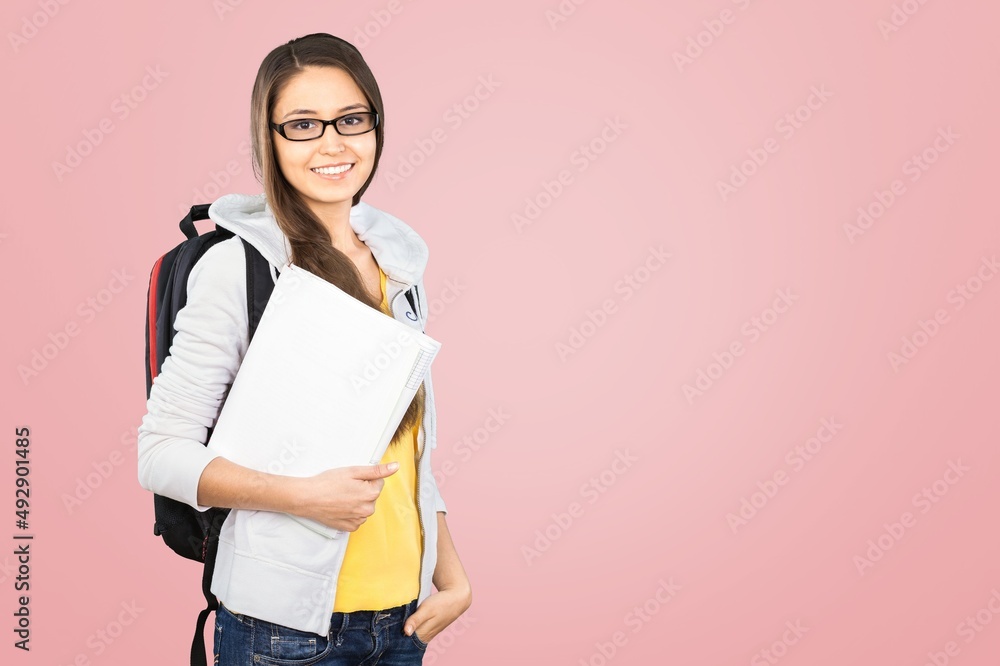 Teen student girl hold books. Education in university college concept