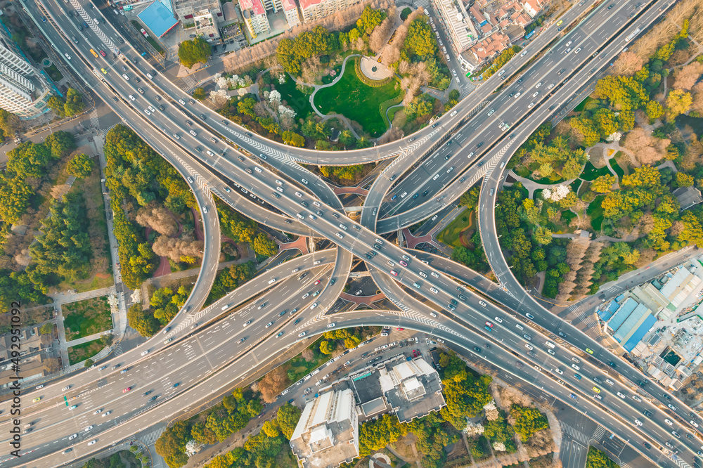 Aerial view of the traffic on overpass bridge in Shanghai, China.