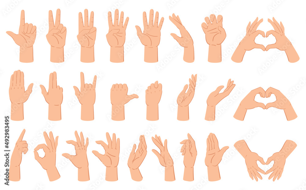 Cartoon hands gesture, hand poses, thumb up and counting gestures. Human hand gestures, count and cr