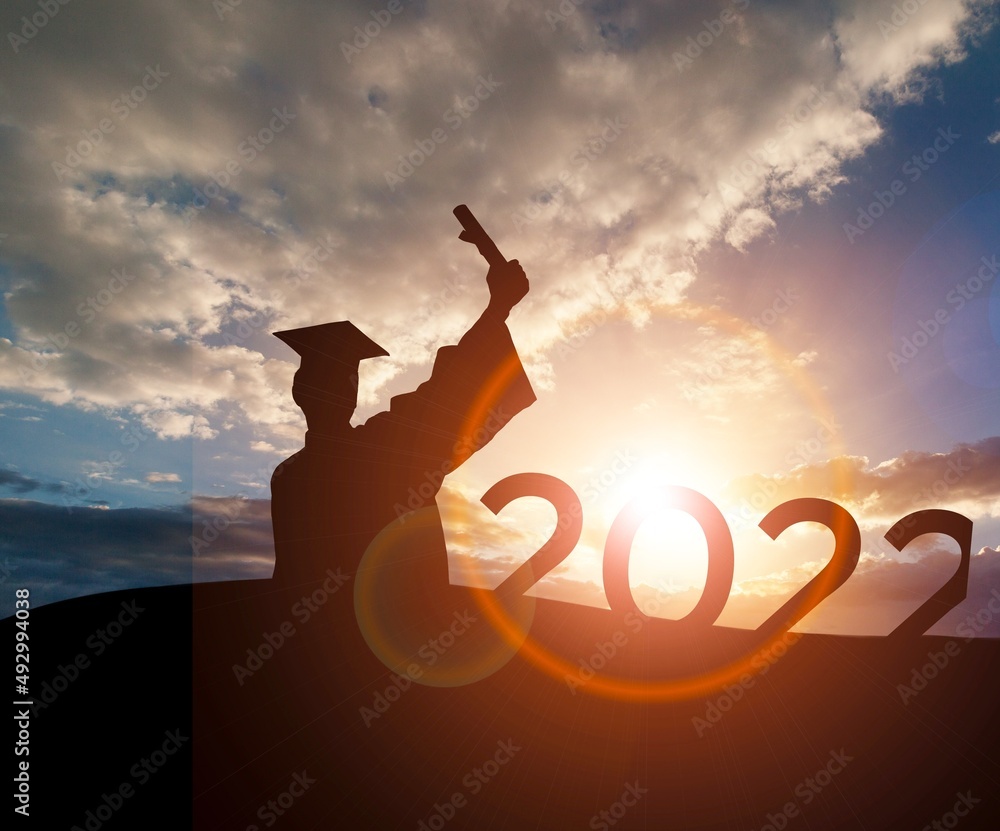 Silhouette Graduation hat and numbers in 2022 years, education congratulation concept ,