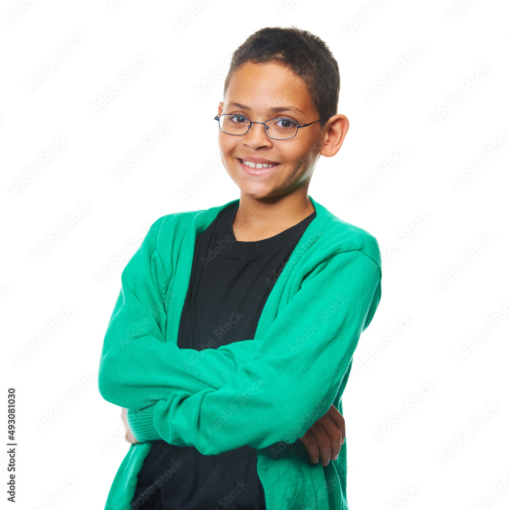 Way to cool for school. Shot of a confident young boy standing with his arms folded in studio.