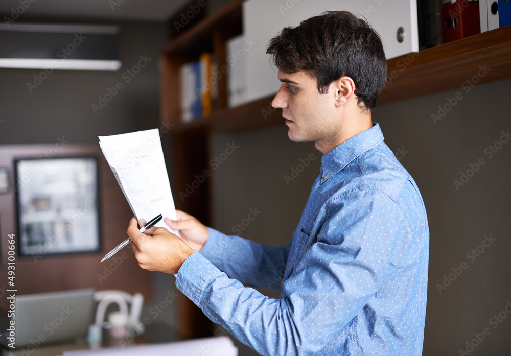 He strives for perfection. Shot of a handsome young businessmen looking over some paperwork.