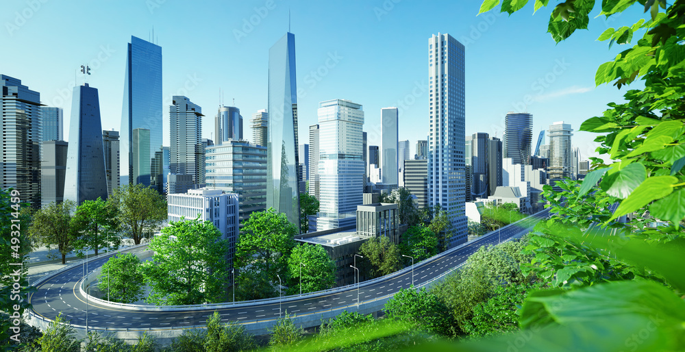 Virtual design green cityscape skyline with curvy highway road