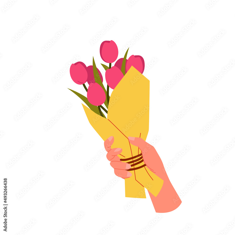 Hand holding spring bouquet with flowers vector illustration. Cartoon arm with cute bunch of red tul