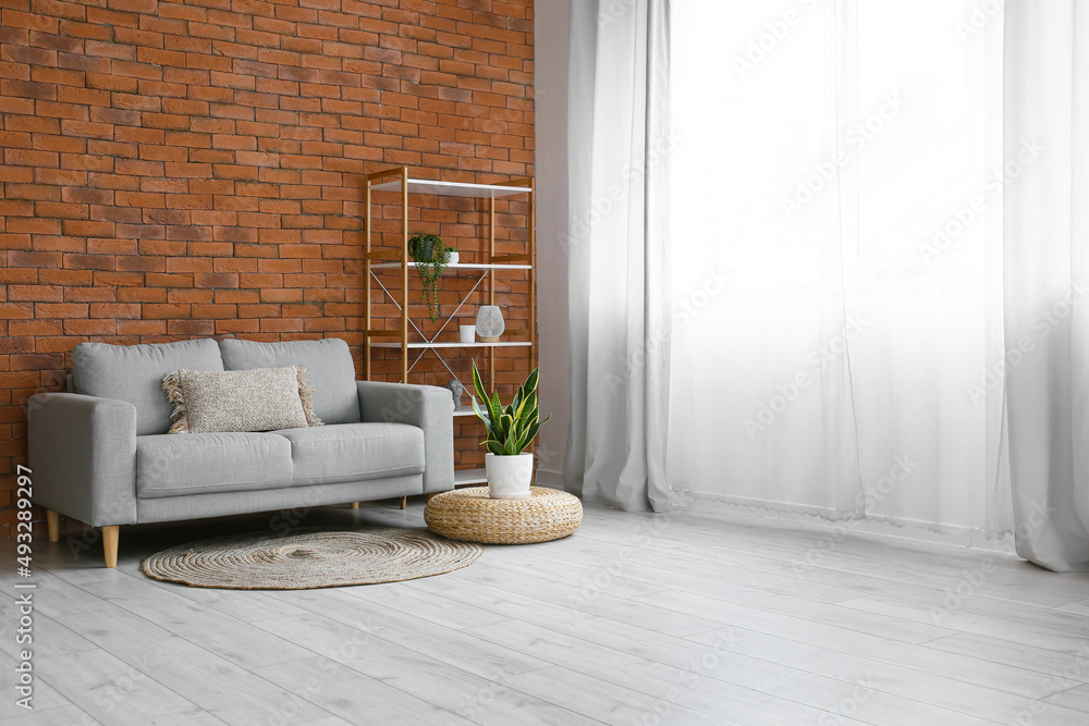 Interior of modern living room with stylish sofa and shelf unit