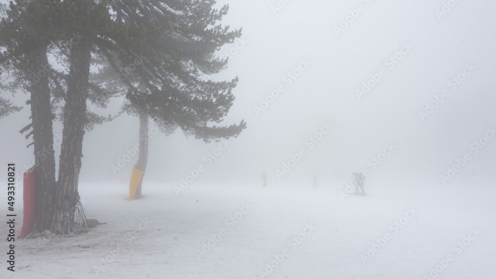 一名越野滑雪运动员的侧影在浓雾中几乎看不见。滑雪场天气恶劣