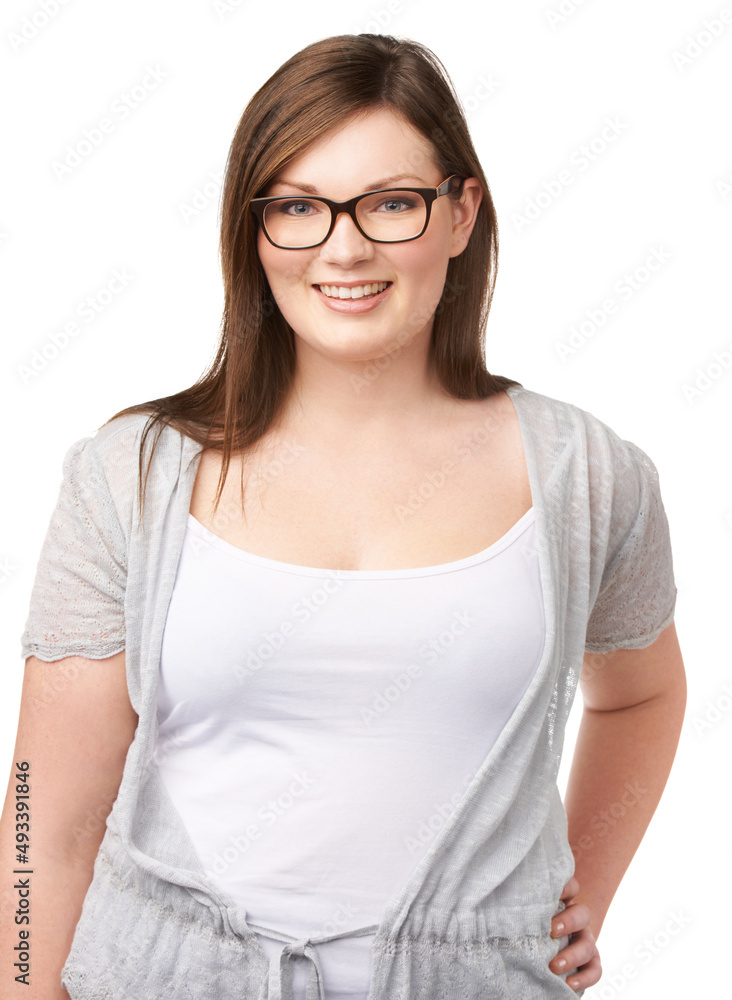 Casual confidence. A pretty full-figured woman posing confidently on a white background.