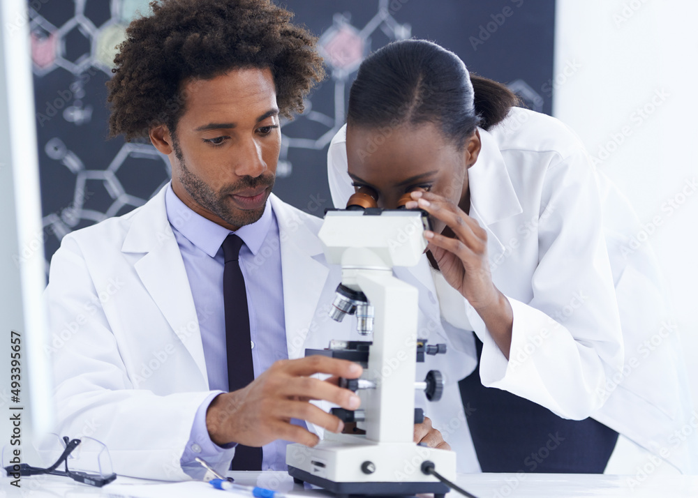 Seeing things up close. Shot of a female biologist examining something under a microscope with her c