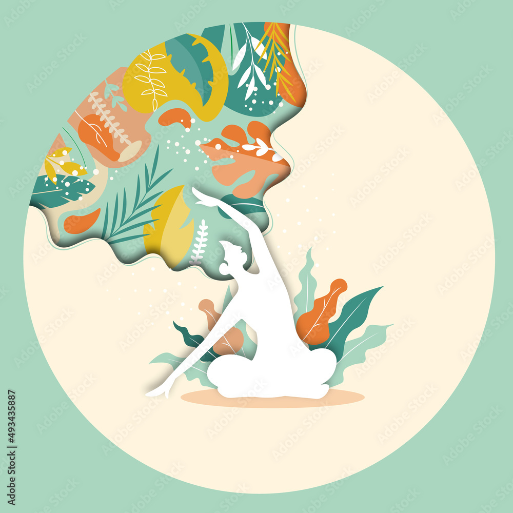 Girl is meditating among jungles in a flat style, bright colors, paper cut hair