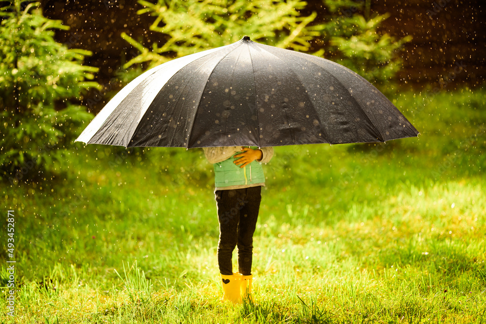 小女孩躲在巨大的银色伞下躲避春夏雨水。女孩穿着长裤，杰克