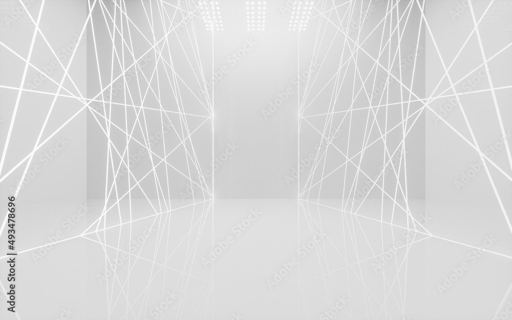 White empty room with glowing neon lines, 3d rendering.