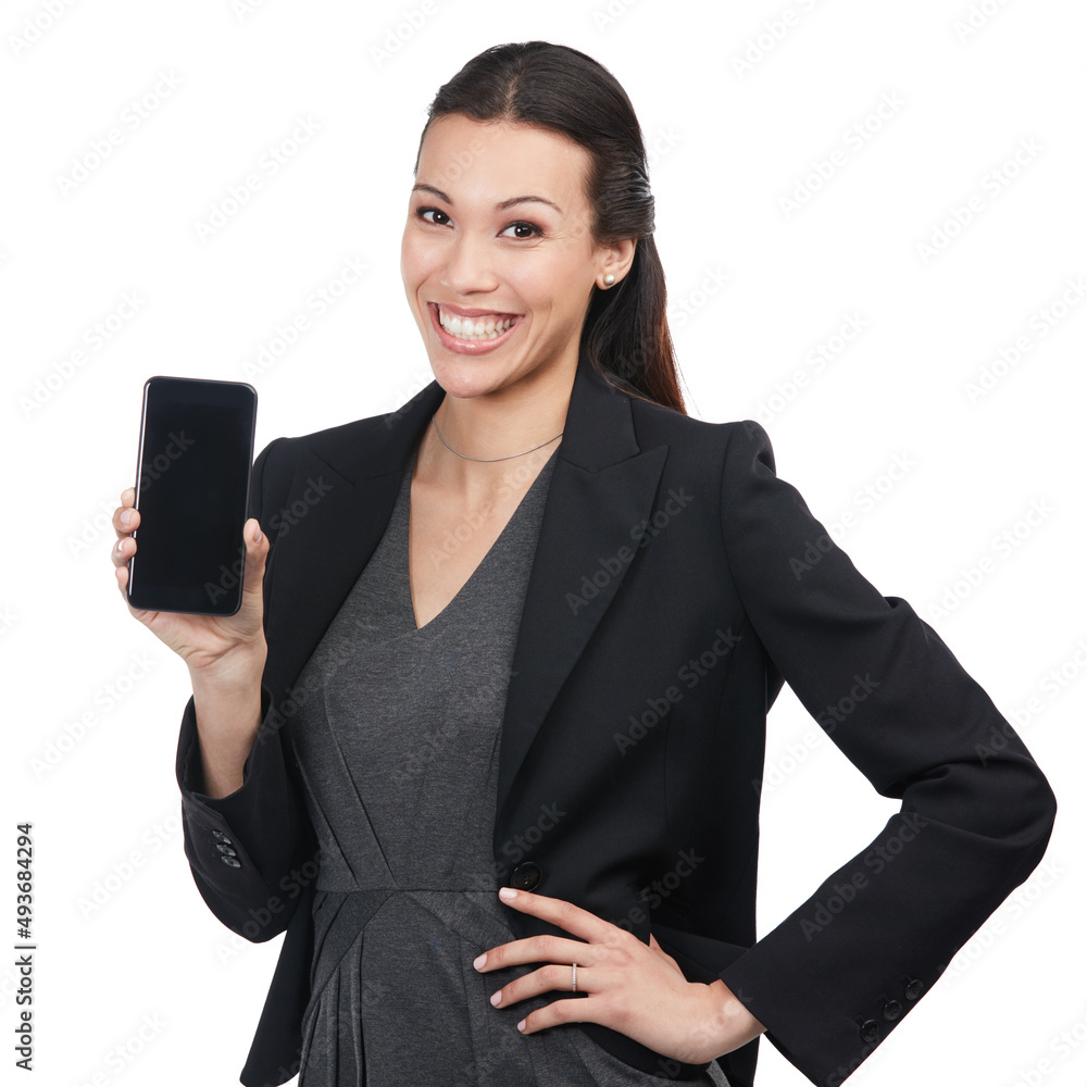 Call me for all your business needs. Portrait of an attractive young businesswoman showing you a cel