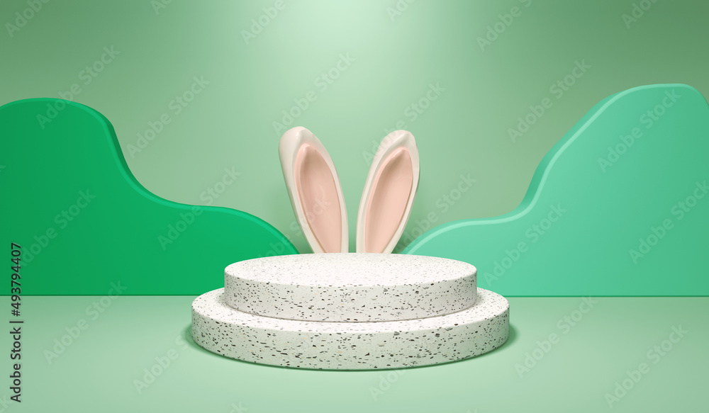 Easter holiday theme with display podium and bunny ears - 3d render