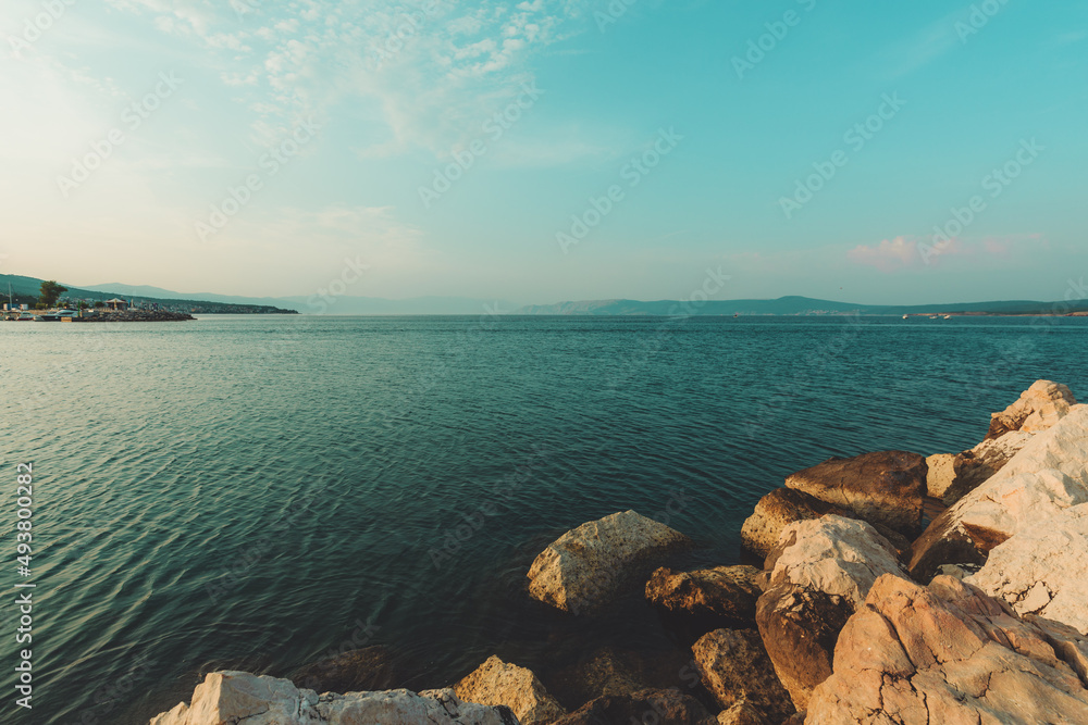 Kvarner bay seascape seen from Crikvenica, small town northern Adriatic sea coast of Croatia