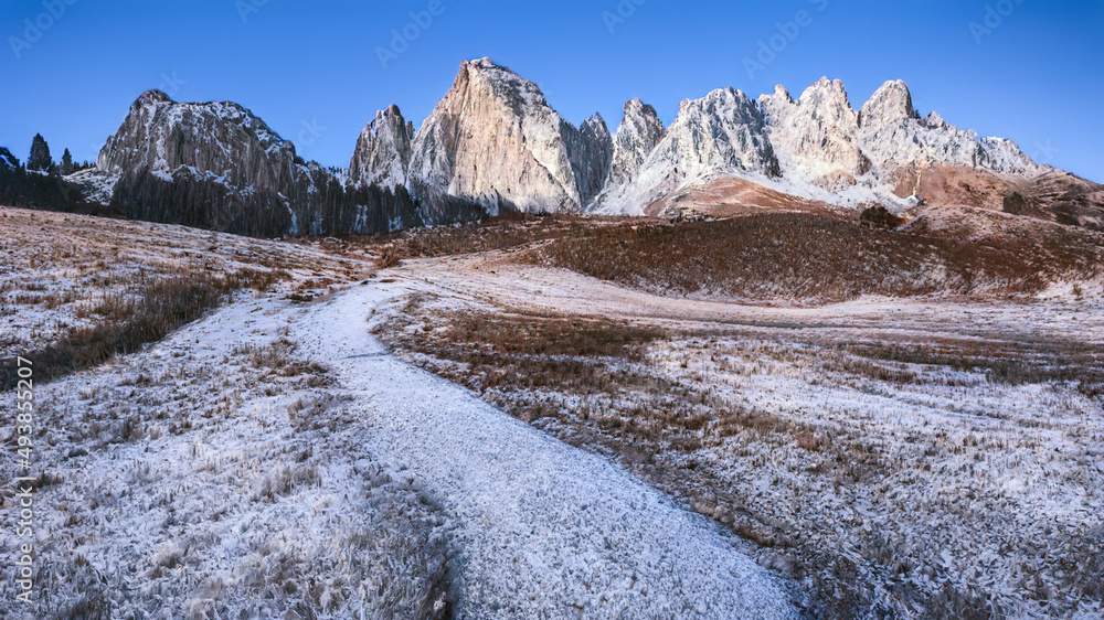 Beautiful winter scenery landscape and snow frosted mountain background in dolomites mountain during