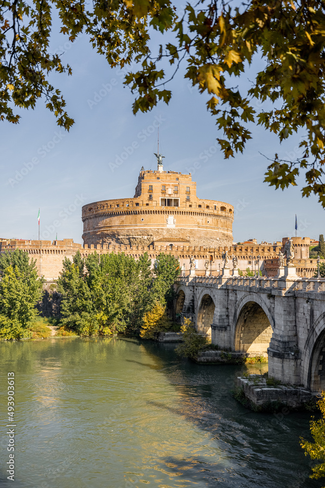 Landscape of Tiber river and Castle of the Holy Angel in Rome on sunny autumn day. Traveling Italy c