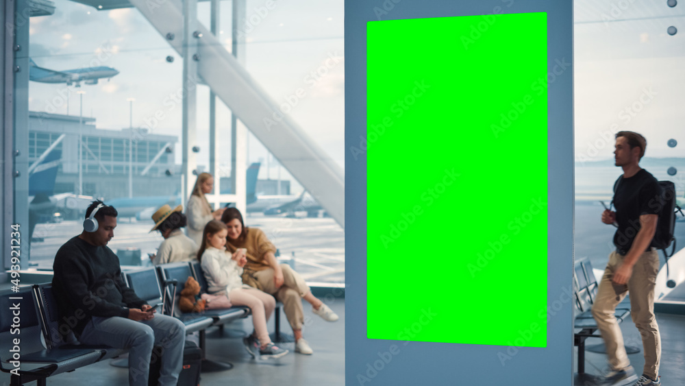 Airport Terminal: Green Screen Advertising Billboard, Arrival Display with Chroma Key, Mock-up AD Sp