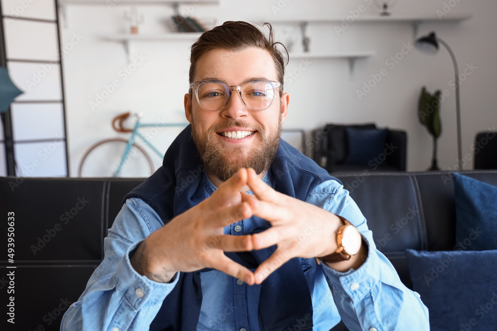 Handsome young man video chatting at home