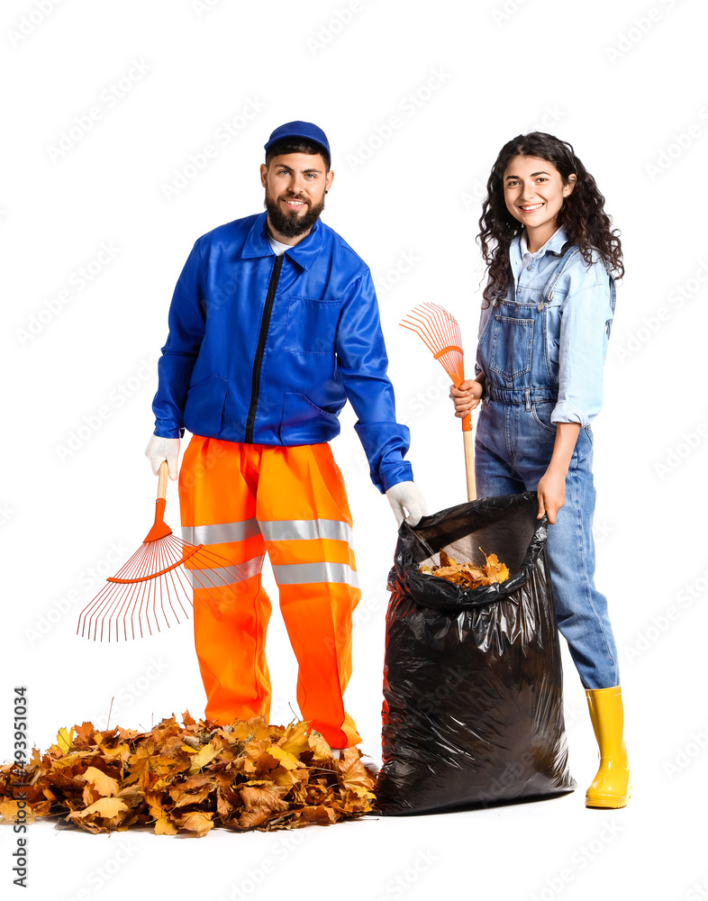 People gathering autumn leaves on white background