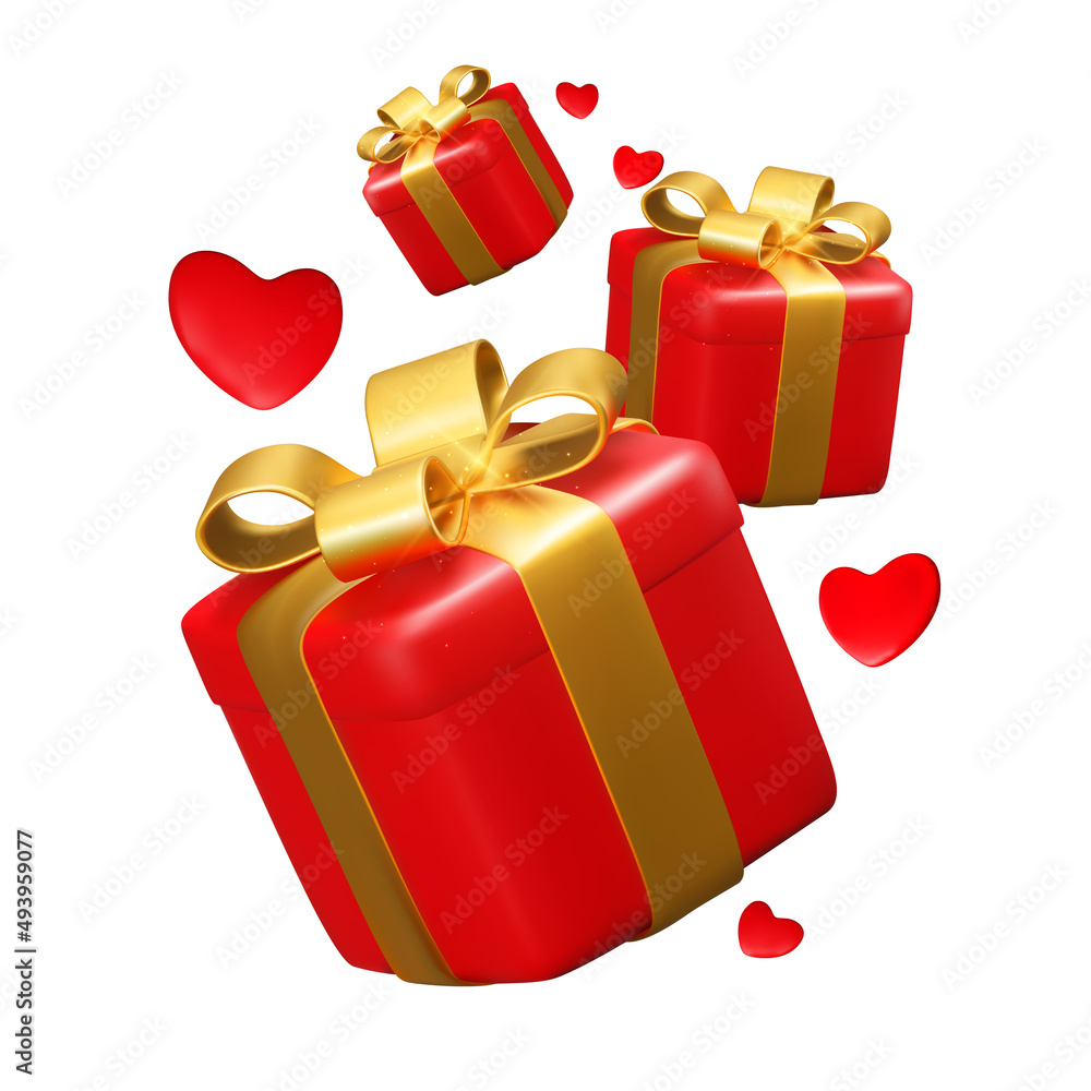 Realistic 3D Red Gift Box with Hearts. Vector Illustration