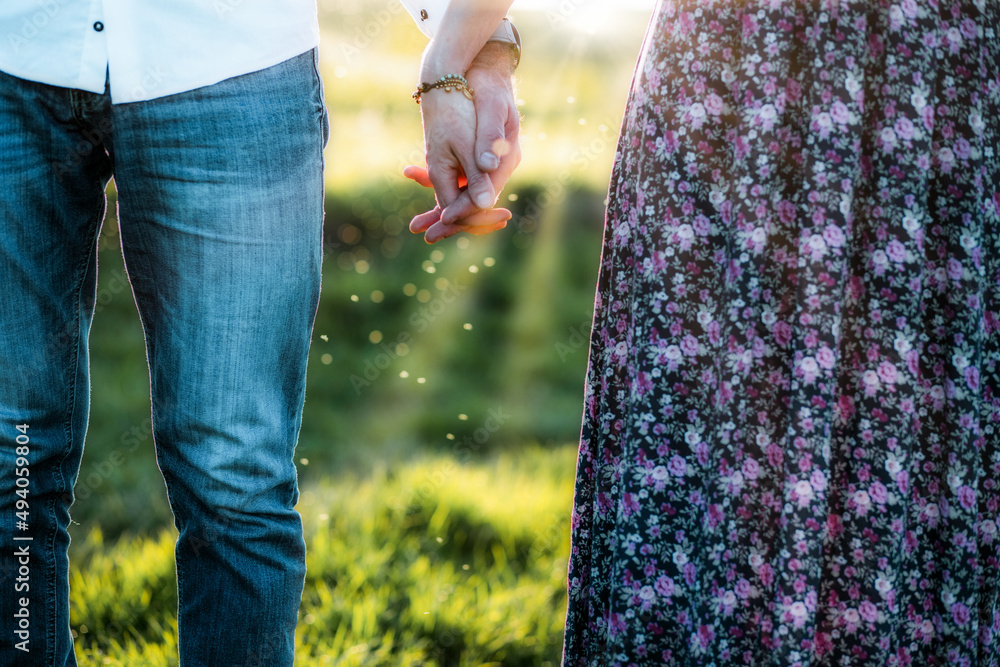 couple walking in nature at sunset holding hands