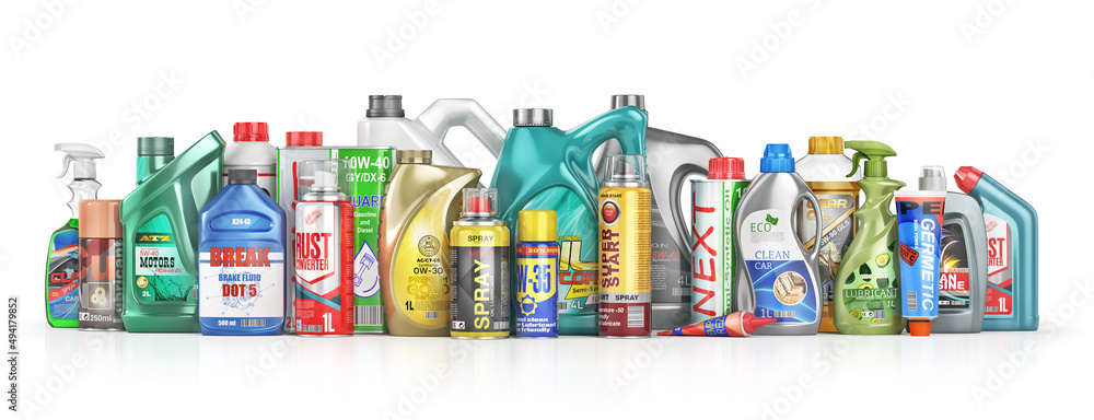 Different Bottles of car maintenance products on a white background. Oil, detergents and lubricants.