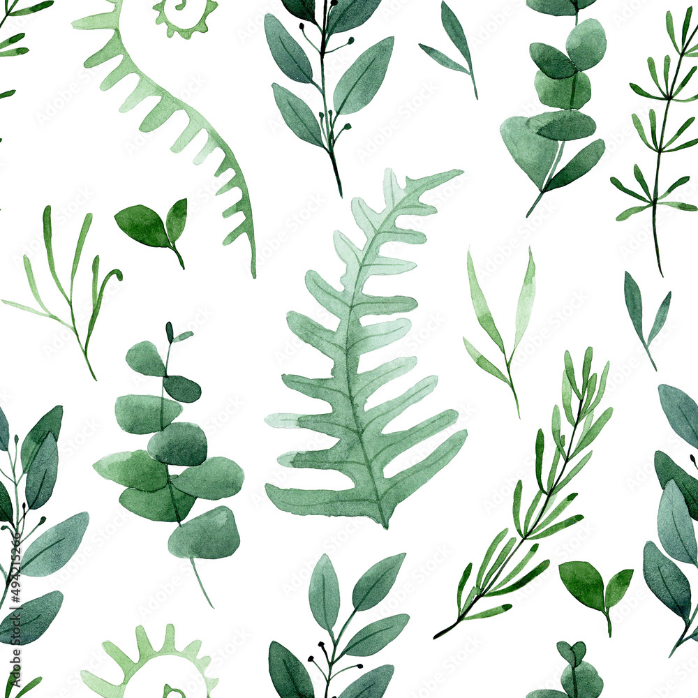 watercolor drawing. seamless pattern with forest leaves and herbs. print green leaves of fern, eucal