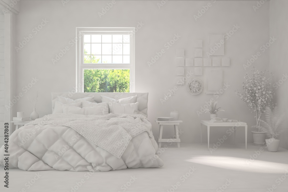 Modern bedroom in white color. Scandinavian interior design. 3D illustration