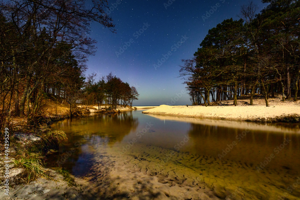 The northern lights over the Piasnica River in Debki, Poland