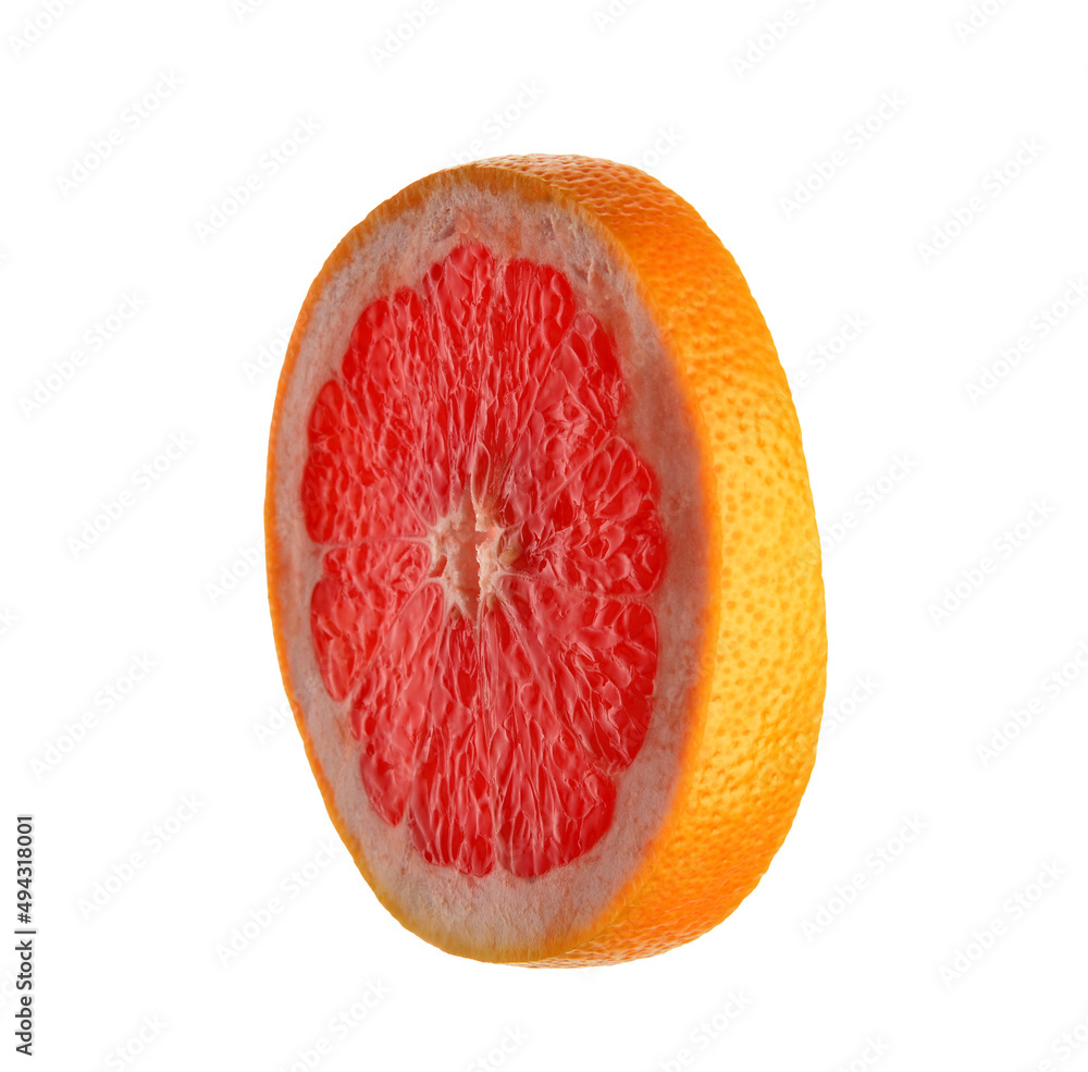 Slice of tasty ripe grapefruit on white background