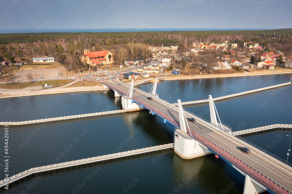 Aerial scenery of the Martwa Wisła river and Sobieszewo Island by the Baltic Sea in Gdansk. Poland