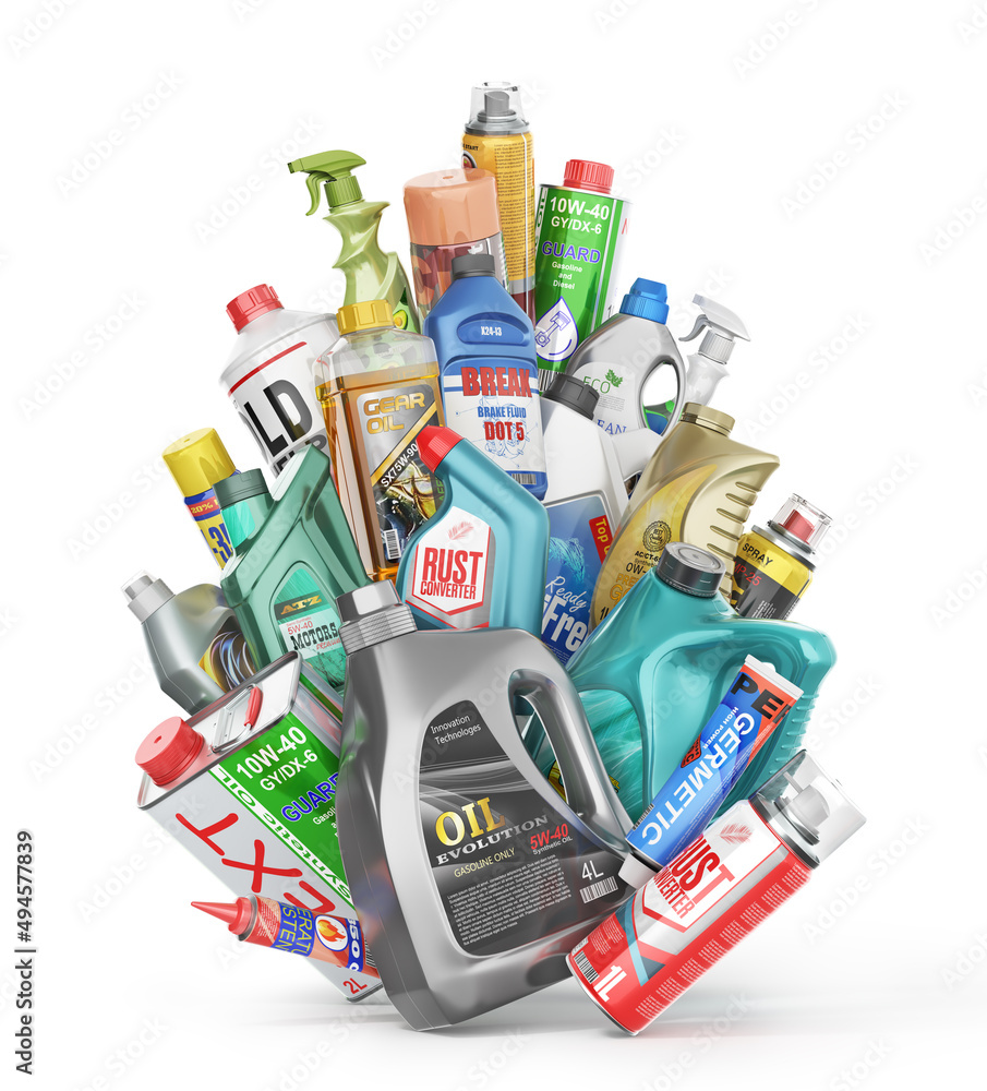 Different Bottles of car maintenance products on a white background. Oil, detergents and lubricants.