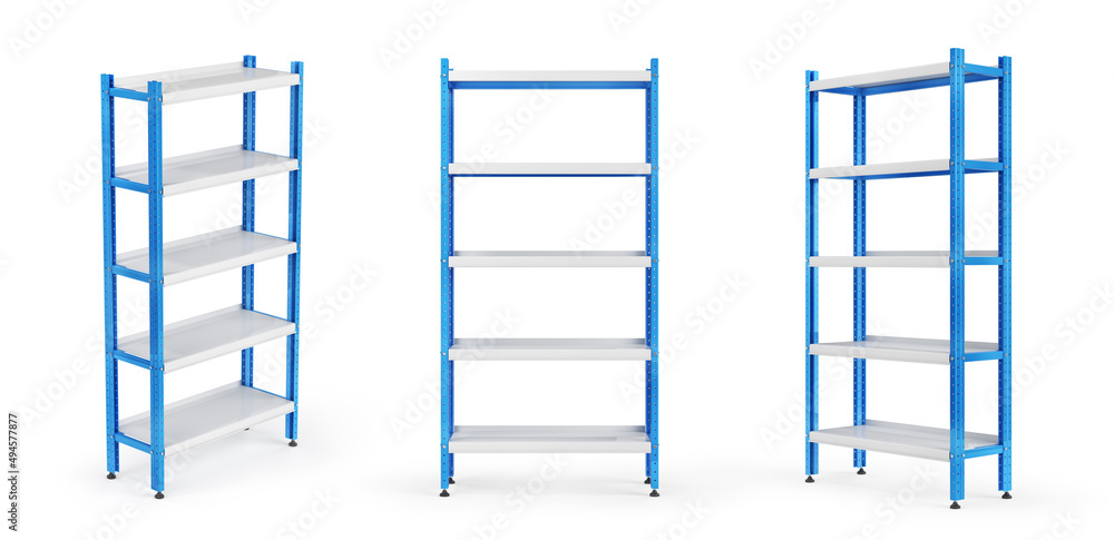 白色背景上不同位置的空货架。3d插图