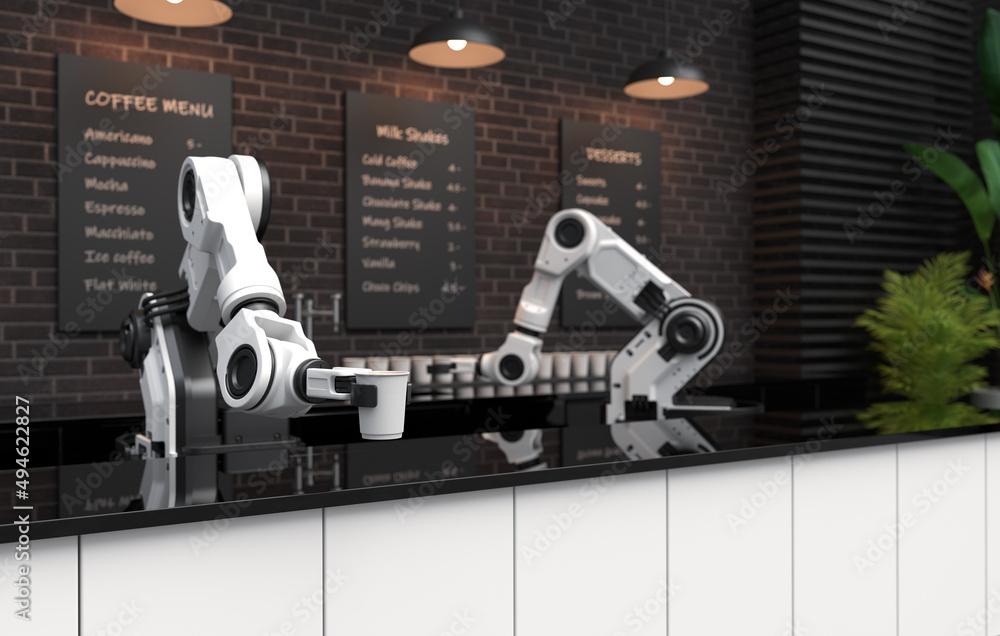 Robot arm serving hot coffee in a coffee shop.