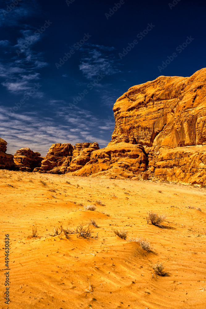 Extraordinary mountain desert landscape, Wadi Rum Protected Area, Jordan.