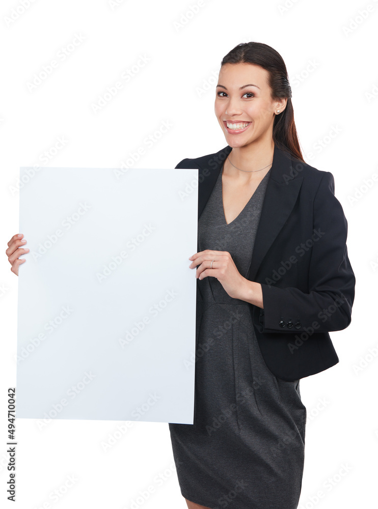 Shes got the perfect pitch. Portrait of an attractive young businesswoman holding up a blank signboa