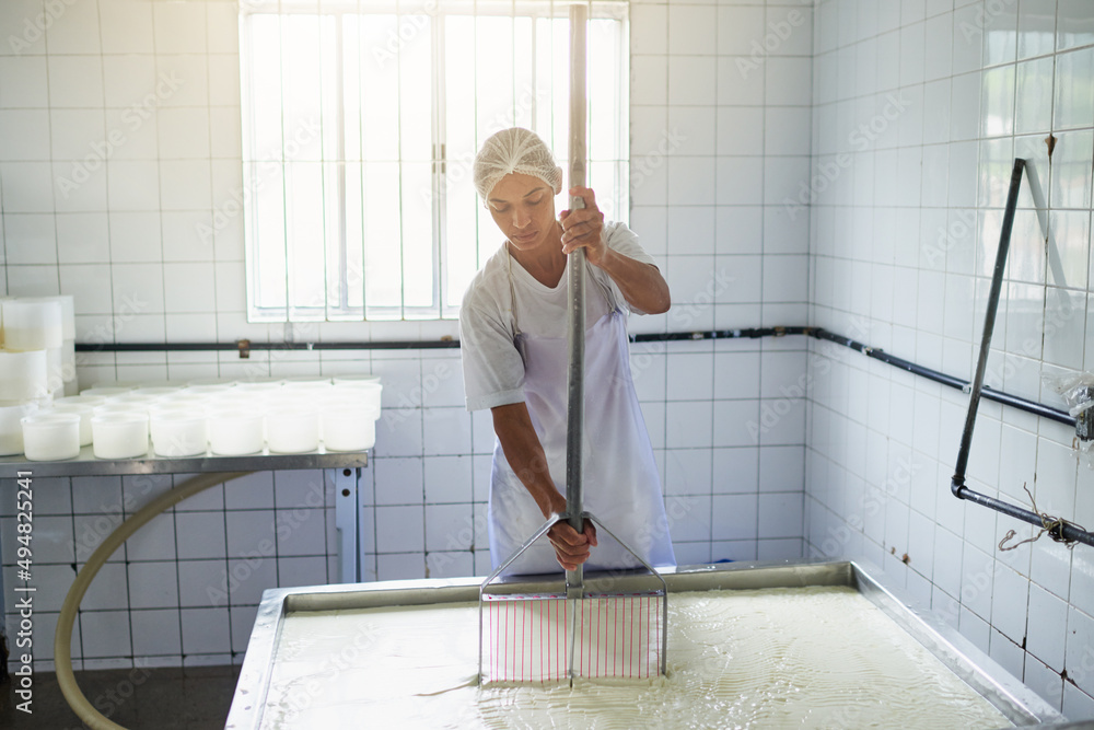 Shes making cheese. Cropped shot of a young female farm worker making cheese in a factory on the far