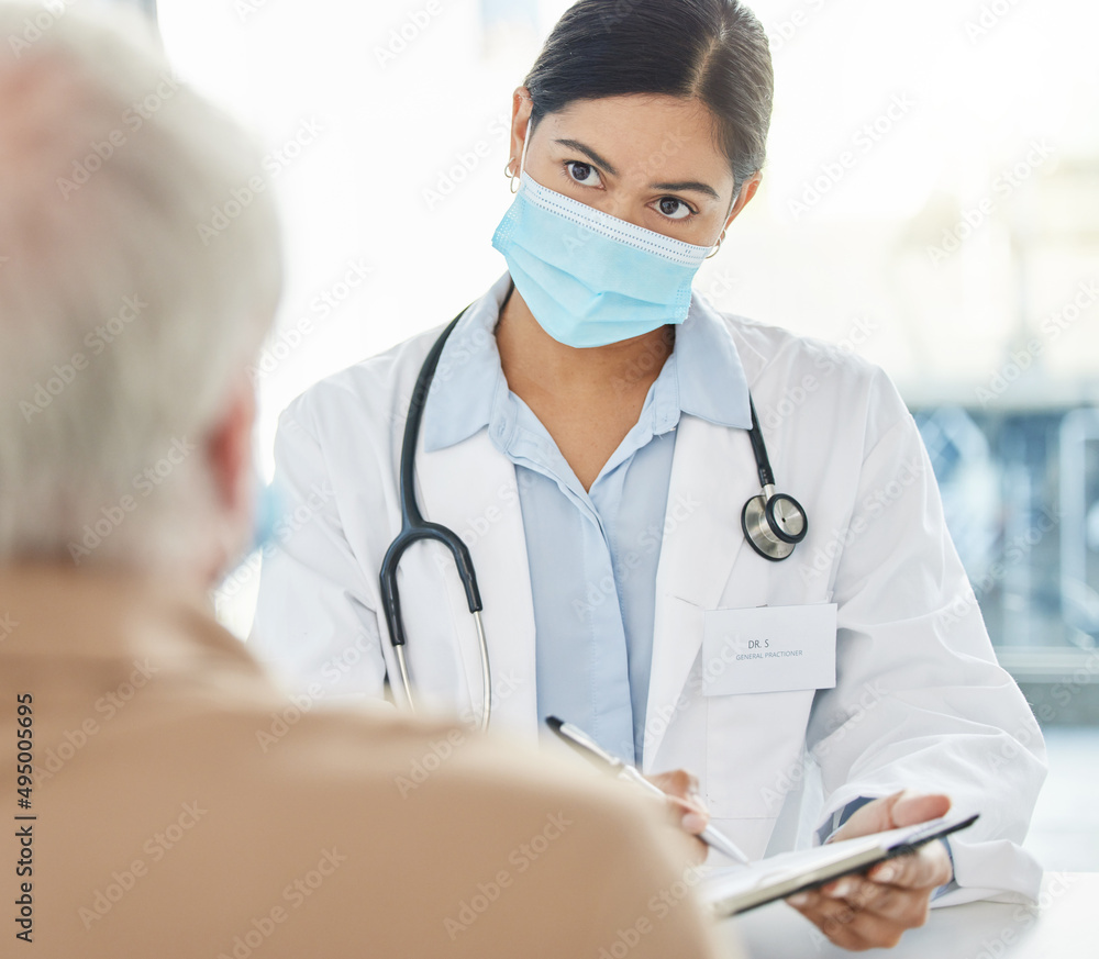 Are you allergic to anything. Shot of a doctor wearing a face mask and sitting with her senior patie